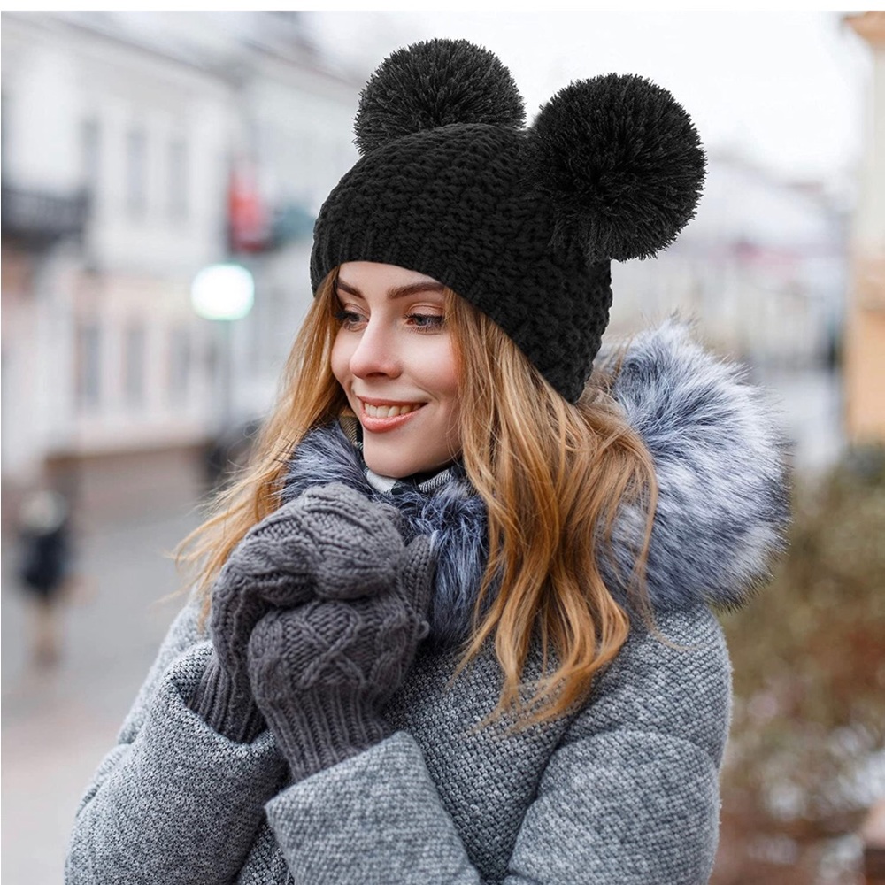 Livingston Winter Beanie Hats  Girls Knit Cute Beanie with Double Pompom Ears